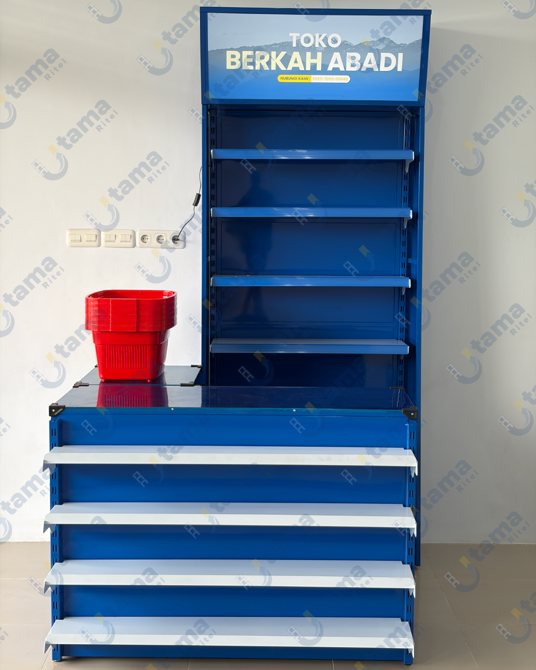 Meja Kasir + Rak Rokok + Neon Box Biru